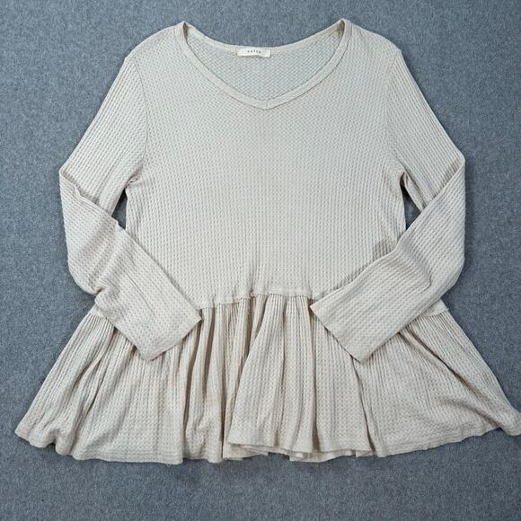Entro Waffle Knit Peplum Ruffle Hem Tunic Top Women's Small Beige V-Neck - Picture 1 of 8
